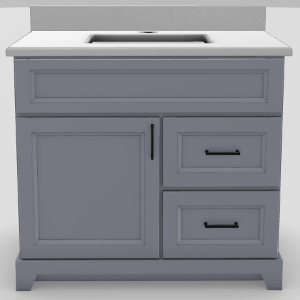36" RH Drawer Standard Vanity Bellrose with Square Handles and 1-Hole Quartz Top