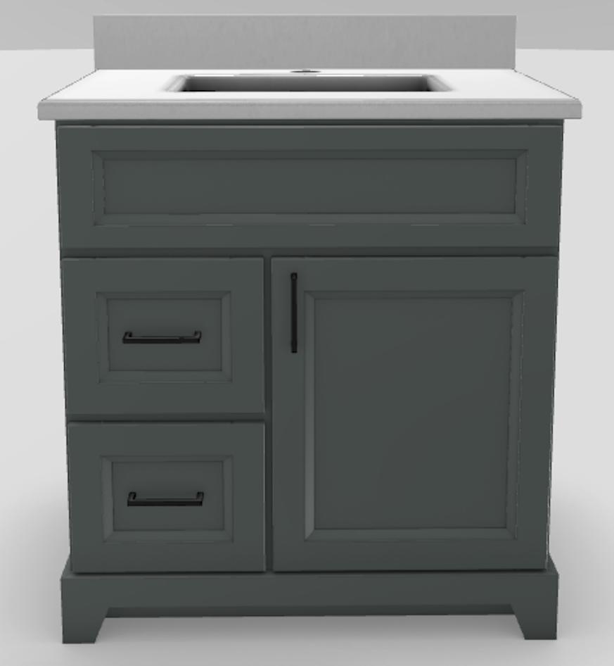 30" LH Drawer Standard Vanity Bellrose with Square Handles and 1-Hole Quartz Top