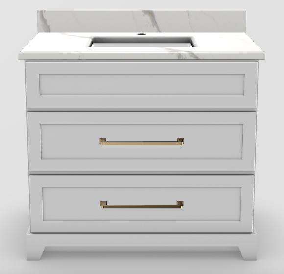 36" Dresser Standard Vanity Modern Shaker With Long Bevelled Handles and 1-Hole Quartz Top