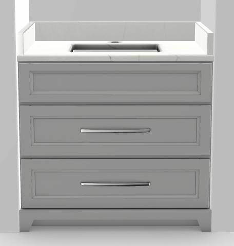 36" Dresser Standard Vanity Bellrose with Long Curved Handles and 1-Hole Quartz Top