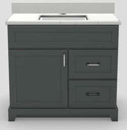 [2575007] 36" RH Drawer Shallow Vanity Modern Shaker with Bevelled Handles and 1-Hole Quartz Top