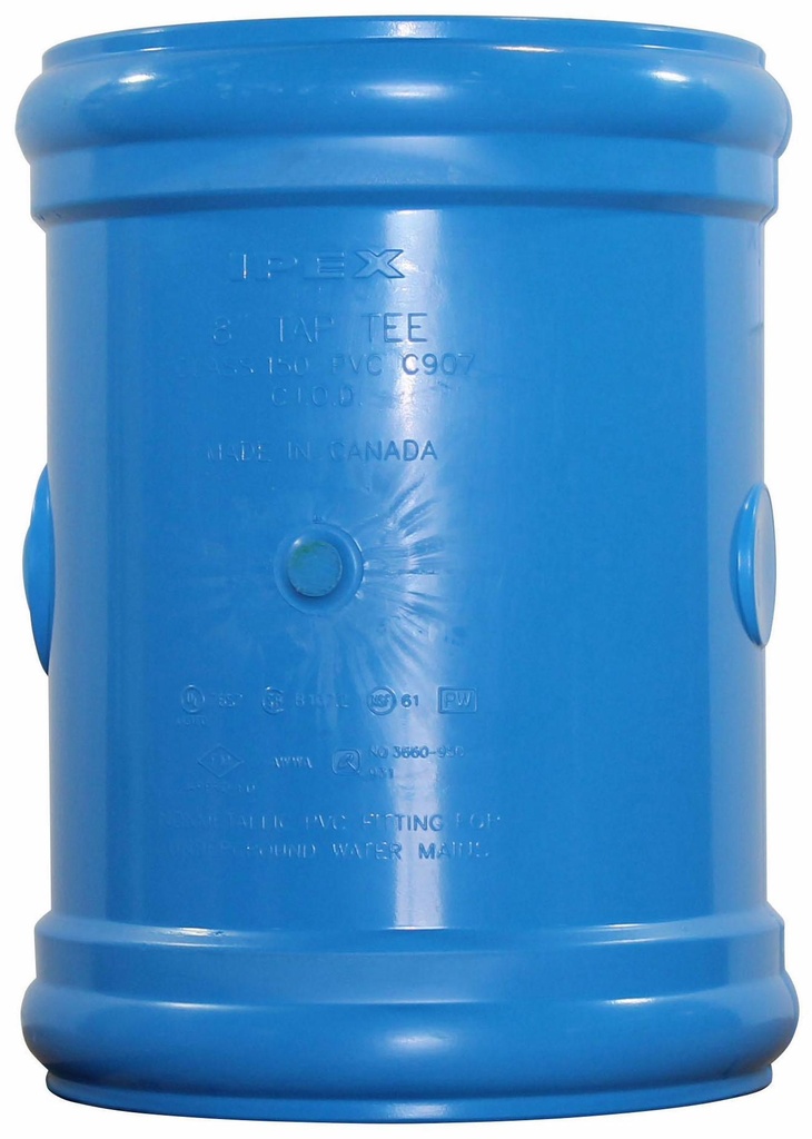 8"x1 1/2" PVC TAPPED COUPLING CIOD DR18 BxBxAWWA T.B. FAB BLUE