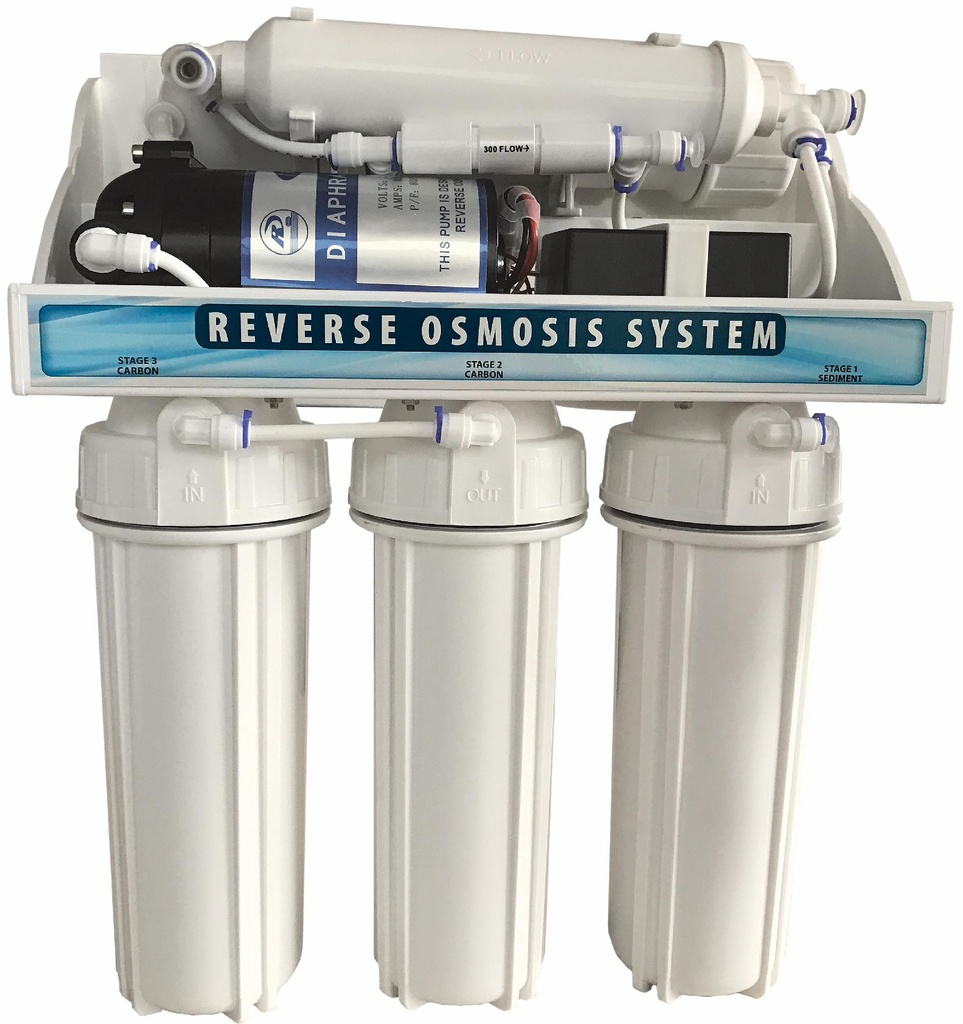 5 STAGE RO-75 W/BOOSTER PUMP, 75 GPD, NSF 3.0 PLASTIC STORAGE TANK